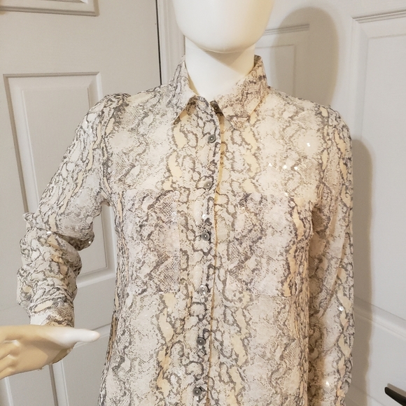 By Anthropologie Size XS Snakeskin Print Sequins Button-Up Blouse - Picture 3 of 11